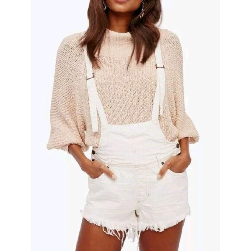 Free People Shortalls Denim Overalls Womens 24 Cutoff Cream‎ Ivory Boho Strappy